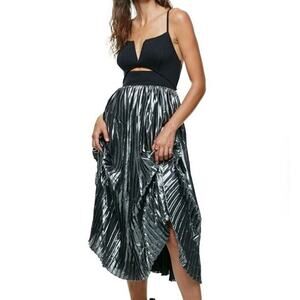 NEW Free People Piper Silver Black Pleated Sleeveless Cut-Out Flowy Midi Dress